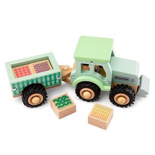 Houten tractor met aanhanger en groente